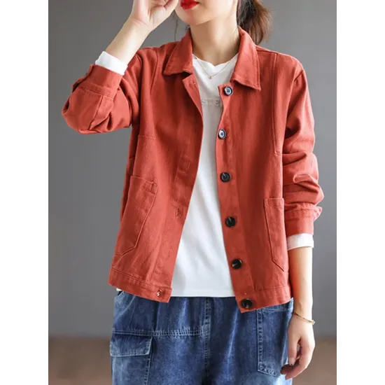 Vintage Loose Long Sleeves Buttoned Solid Color Lapel Collar Outerwear Vintage Loose Long Sleeves Buttoned Solid Color Lapel Collar Outerwear