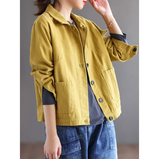 Vintage Loose Long Sleeves Buttoned Solid Color Lapel Collar Outerwear Vintage Loose Long Sleeves Buttoned Solid Color Lapel Collar Outerwear