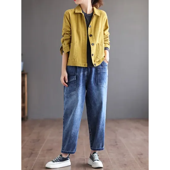 Vintage Loose Long Sleeves Buttoned Solid Color Lapel Collar Outerwear Vintage Loose Long Sleeves Buttoned Solid Color Lapel Collar Outerwear