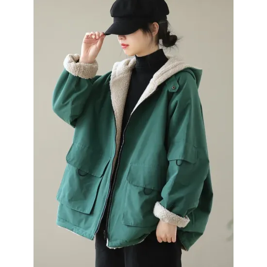 Artistic Retro Long Sleeves Loose Keep Warm Fleece Lining Zipper Hooded Outerwear Artistic Retro Long Sleeves Loose Keep Warm Fleece Lining Zipper Hooded Outerwear