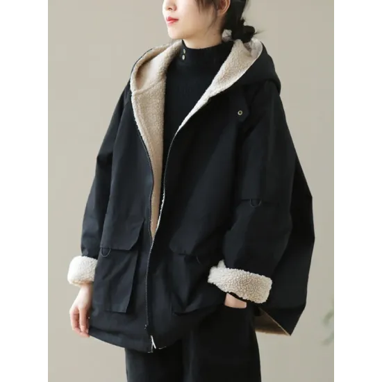 Artistic Retro Long Sleeves Loose Keep Warm Fleece Lining Zipper Hooded Outerwear Artistic Retro Long Sleeves Loose Keep Warm Fleece Lining Zipper Hooded Outerwear