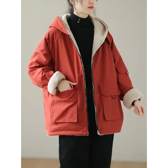 Artistic Retro Long Sleeves Loose Keep Warm Fleece Lining Zipper Hooded Outerwear Artistic Retro Long Sleeves Loose Keep Warm Fleece Lining Zipper Hooded Outerwear