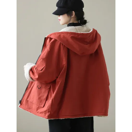 Artistic Retro Long Sleeves Loose Keep Warm Fleece Lining Zipper Hooded Outerwear Artistic Retro Long Sleeves Loose Keep Warm Fleece Lining Zipper Hooded Outerwear