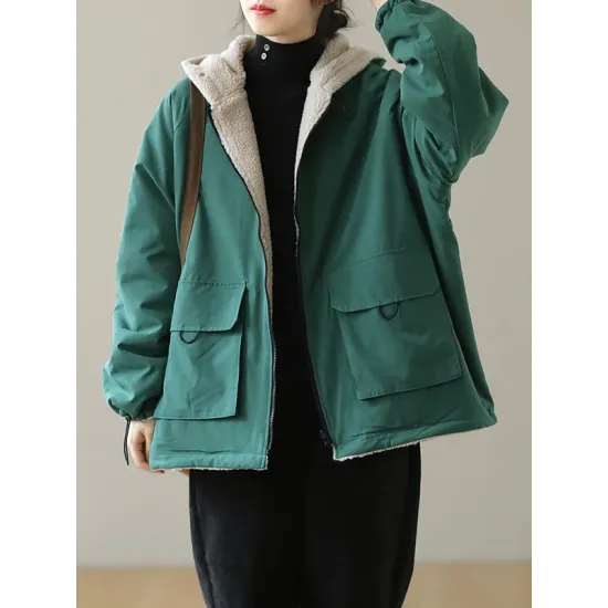 Artistic Retro Long Sleeves Loose Keep Warm Fleece Lining Zipper Hooded Outerwear Artistic Retro Long Sleeves Loose Keep Warm Fleece Lining Zipper Hooded Outerwear