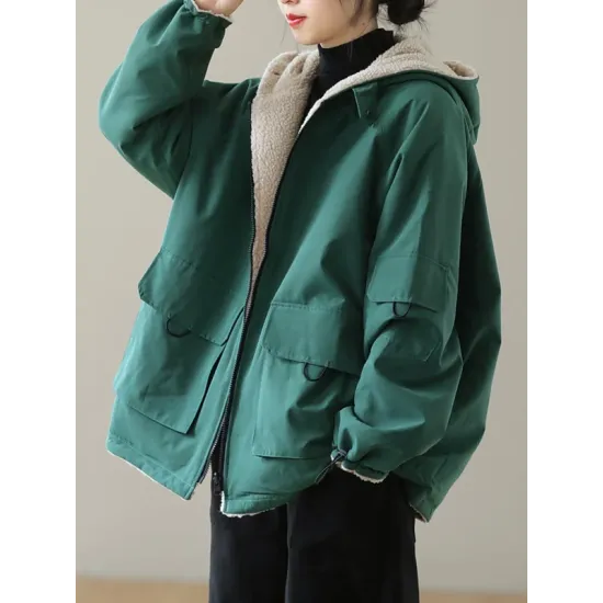Artistic Retro Long Sleeves Loose Keep Warm Fleece Lining Zipper Hooded Outerwear Artistic Retro Long Sleeves Loose Keep Warm Fleece Lining Zipper Hooded Outerwear