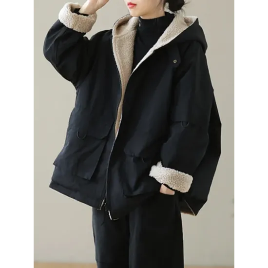 Artistic Retro Long Sleeves Loose Keep Warm Fleece Lining Zipper Hooded Outerwear Artistic Retro Long Sleeves Loose Keep Warm Fleece Lining Zipper Hooded Outerwear