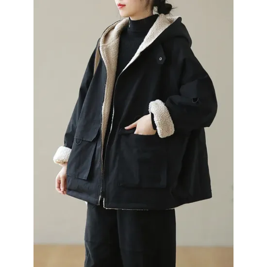 Artistic Retro Long Sleeves Loose Keep Warm Fleece Lining Zipper Hooded Outerwear Artistic Retro Long Sleeves Loose Keep Warm Fleece Lining Zipper Hooded Outerwear
