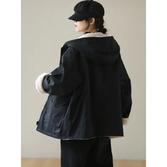 Artistic Retro Long Sleeves Loose Keep Warm Fleece Lining Zipper Hooded Outerwear Artistic Retro Long Sleeves Loose Keep Warm Fleece Lining Zipper Hooded Outerwear