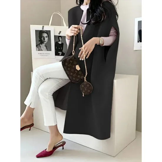 Simple Sleeveless Solid Color Round-Neck Cape Outerwear Simple Sleeveless Solid Color Round-Neck Cape Outerwear