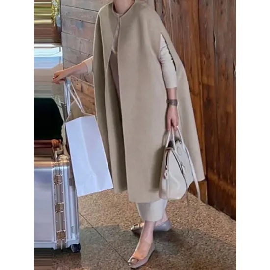 Simple Sleeveless Solid Color Round-Neck Cape Outerwear Simple Sleeveless Solid Color Round-Neck Cape Outerwear