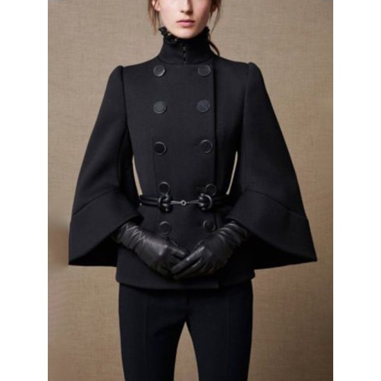 Flared Buttoned Solid Color High Neck Jackets&Coats Outerwear Woolen Coat Flared Buttoned Solid Color High Neck Jackets&Coats Outerwear Woolen Coat