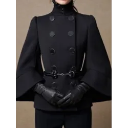 Flared Buttoned Solid Color High Neck Jackets&Coats Outerwear Woolen Coat
