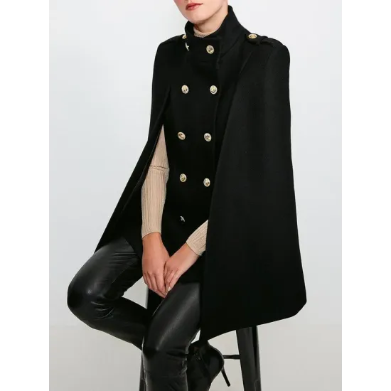 Loose Buttoned Solid Color Stand Collar Woolen Coat Cape Coats Loose Buttoned Solid Color Stand Collar Woolen Coat Cape Coats