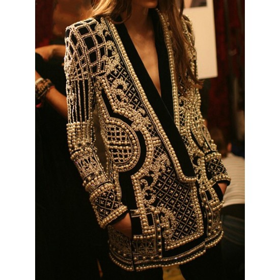 Original Creation Loose Long Sleeves Beads Printed V-Neck Blazer Outerwear Original Creation Loose Long Sleeves Beads Printed V-Neck Blazer Outerwear
