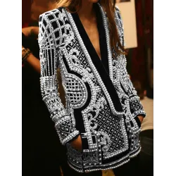 Original Creation Loose Long Sleeves Beads Printed V-Neck Blazer Outerwear