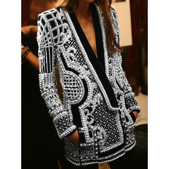 Original Creation Loose Long Sleeves Beads Printed V-Neck Blazer Outerwear Original Creation Loose Long Sleeves Beads Printed V-Neck Blazer Outerwear