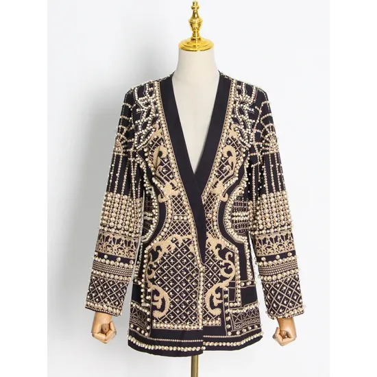 Original Creation Loose Long Sleeves Beads Printed V-Neck Blazer Outerwear Original Creation Loose Long Sleeves Beads Printed V-Neck Blazer Outerwear