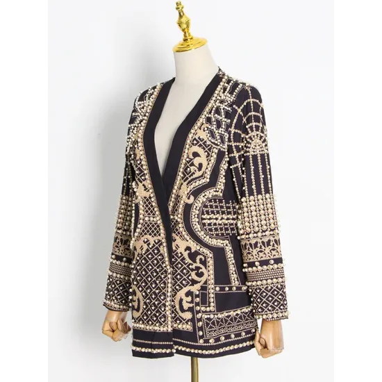 Original Creation Loose Long Sleeves Beads Printed V-Neck Blazer Outerwear Original Creation Loose Long Sleeves Beads Printed V-Neck Blazer Outerwear