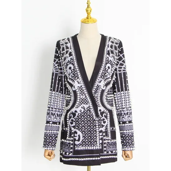 Original Creation Loose Long Sleeves Beads Printed V-Neck Blazer Outerwear Original Creation Loose Long Sleeves Beads Printed V-Neck Blazer Outerwear