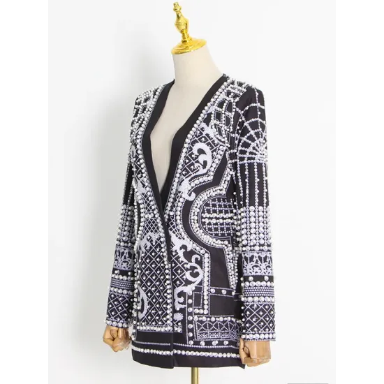 Original Creation Loose Long Sleeves Beads Printed V-Neck Blazer Outerwear Original Creation Loose Long Sleeves Beads Printed V-Neck Blazer Outerwear