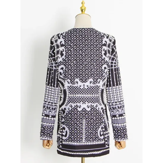 Original Creation Loose Long Sleeves Beads Printed V-Neck Blazer Outerwear Original Creation Loose Long Sleeves Beads Printed V-Neck Blazer Outerwear