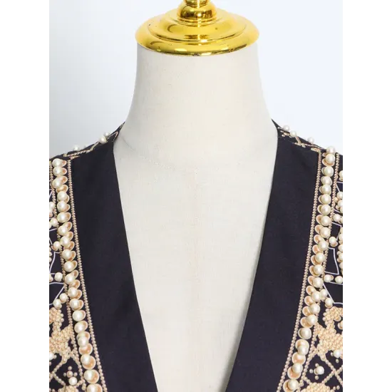 Original Creation Loose Long Sleeves Beads Printed V-Neck Blazer Outerwear Original Creation Loose Long Sleeves Beads Printed V-Neck Blazer Outerwear
