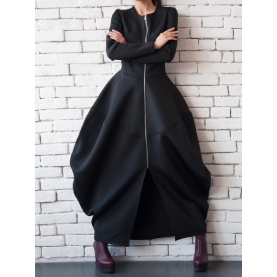 Split-Joint Zipper Round-Neck Maxi Dress Coat Bubble Dress Split-Joint Zipper Round-Neck Maxi Dress Coat Bubble Dress
