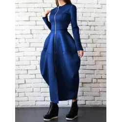Split-Joint Zipper Round-Neck Maxi Dress Coat Bubble Dress