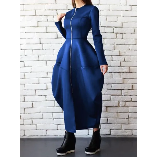 Split-Joint Zipper Round-Neck Maxi Dress Coat Bubble Dress Split-Joint Zipper Round-Neck Maxi Dress Coat Bubble Dress
