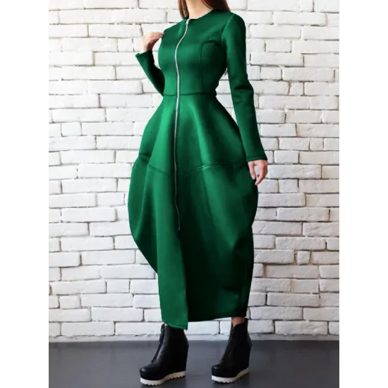 Split-Joint Zipper Round-Neck Maxi Dress Coat Bubble Dress Split-Joint Zipper Round-Neck Maxi Dress Coat Bubble Dress