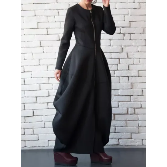 Split-Joint Zipper Round-Neck Maxi Dress Coat Bubble Dress Split-Joint Zipper Round-Neck Maxi Dress Coat Bubble Dress