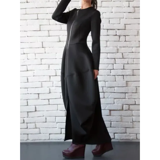 Split-Joint Zipper Round-Neck Maxi Dress Coat Bubble Dress Split-Joint Zipper Round-Neck Maxi Dress Coat Bubble Dress