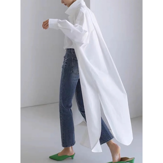 Long Sleeves Loose Buttoned Solid Color Split-Side Lapel Collar Shirt Outerwear Long Sleeves Loose Buttoned Solid Color Split-Side Lapel Collar Shirt Outerwear