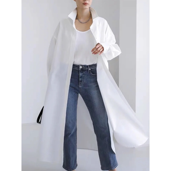 Long Sleeves Loose Buttoned Solid Color Split-Side Lapel Collar Shirt Outerwear Long Sleeves Loose Buttoned Solid Color Split-Side Lapel Collar Shirt Outerwear