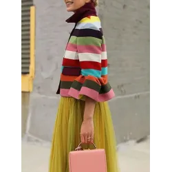 Flared Sleeves Multi-Colored Striped Lapel Jackets Outerwear