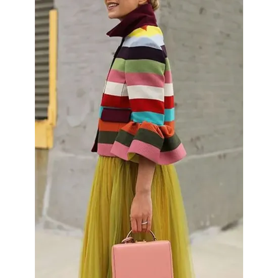 Flared Sleeves Multi-Colored Striped Lapel Jackets Outerwear