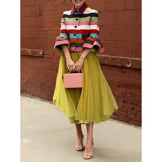 Flared Sleeves Multi-Colored Striped Lapel Jackets Outerwear