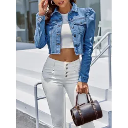 Fringed Pleated Split-Joint Long Sleeves Puff Sleeves Lapel Denim Jackets