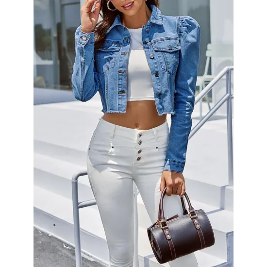 Fringed Pleated Split-Joint Long Sleeves Puff Sleeves Lapel Denim Jackets Fringed Pleated Split-Joint Long Sleeves Puff Sleeves Lapel Denim Jackets