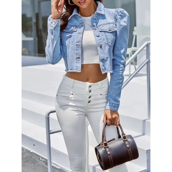 Fringed Pleated Split-Joint Long Sleeves Puff Sleeves Lapel Denim Jackets Fringed Pleated Split-Joint Long Sleeves Puff Sleeves Lapel Denim Jackets