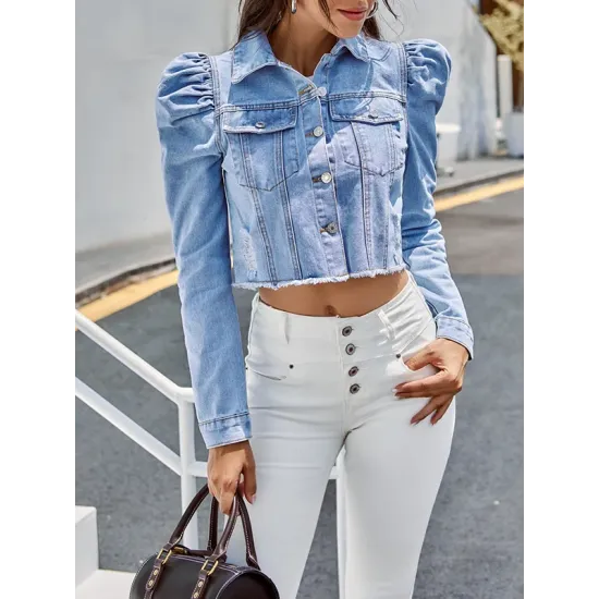 Fringed Pleated Split-Joint Long Sleeves Puff Sleeves Lapel Denim Jackets Fringed Pleated Split-Joint Long Sleeves Puff Sleeves Lapel Denim Jackets