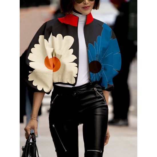 Contrast Color Flower Print Zipper Stand Collar Jackets Outerwear Contrast Color Flower Print Zipper Stand Collar Jackets Outerwear