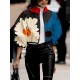 Contrast Color Flower Print Zipper Stand Collar Jackets Outerwear Contrast Color Flower Print Zipper Stand Collar Jackets Outerwear