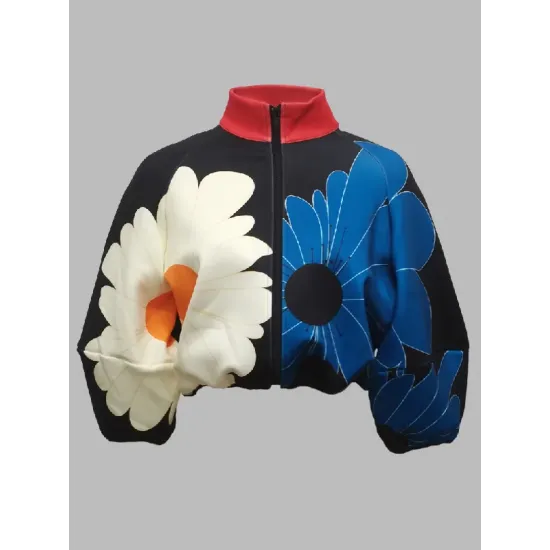 Contrast Color Flower Print Zipper Stand Collar Jackets Outerwear Contrast Color Flower Print Zipper Stand Collar Jackets Outerwear