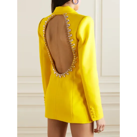 Backless Buttoned Hollow Rhine Stones Solid Color Long Sleeves Deep V-Neck Blazer Backless Buttoned Hollow Rhine Stones Solid Color Long Sleeves Deep V-Neck Blazer