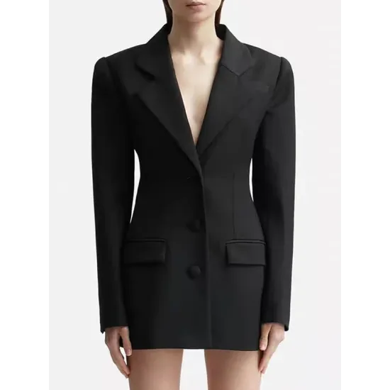 Backless Buttoned Hollow Rhine Stones Solid Color Long Sleeves Deep V-Neck Blazer Backless Buttoned Hollow Rhine Stones Solid Color Long Sleeves Deep V-Neck Blazer