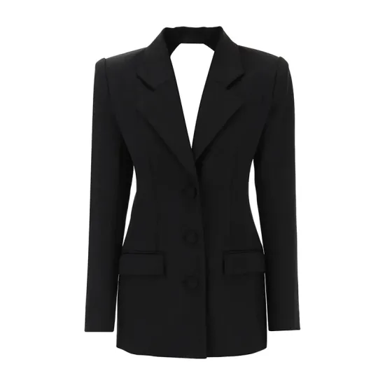 Backless Buttoned Hollow Rhine Stones Solid Color Long Sleeves Deep V-Neck Blazer Backless Buttoned Hollow Rhine Stones Solid Color Long Sleeves Deep V-Neck Blazer