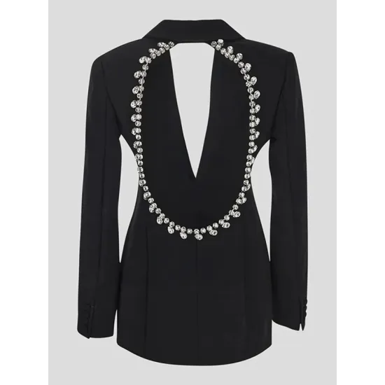 Backless Buttoned Hollow Rhine Stones Solid Color Long Sleeves Deep V-Neck Blazer Backless Buttoned Hollow Rhine Stones Solid Color Long Sleeves Deep V-Neck Blazer
