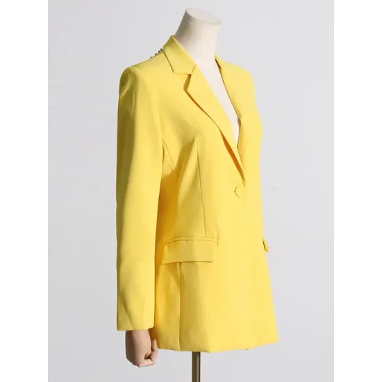 Backless Buttoned Hollow Rhine Stones Solid Color Long Sleeves Deep V-Neck Blazer Backless Buttoned Hollow Rhine Stones Solid Color Long Sleeves Deep V-Neck Blazer