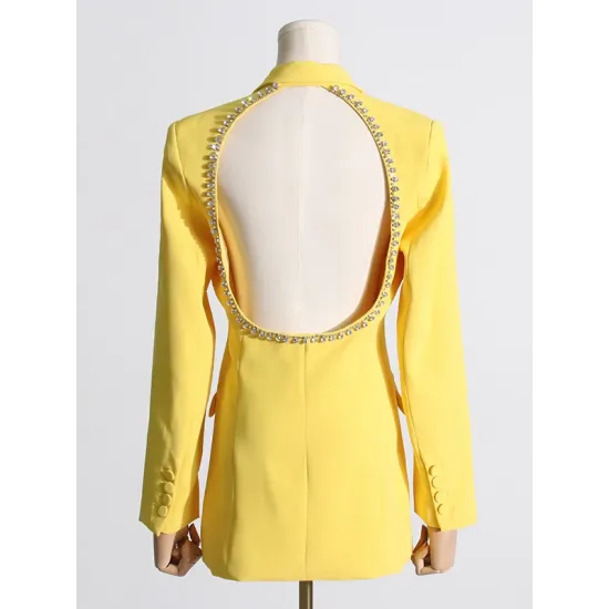 Backless Buttoned Hollow Rhine Stones Solid Color Long Sleeves Deep V-Neck Blazer Backless Buttoned Hollow Rhine Stones Solid Color Long Sleeves Deep V-Neck Blazer